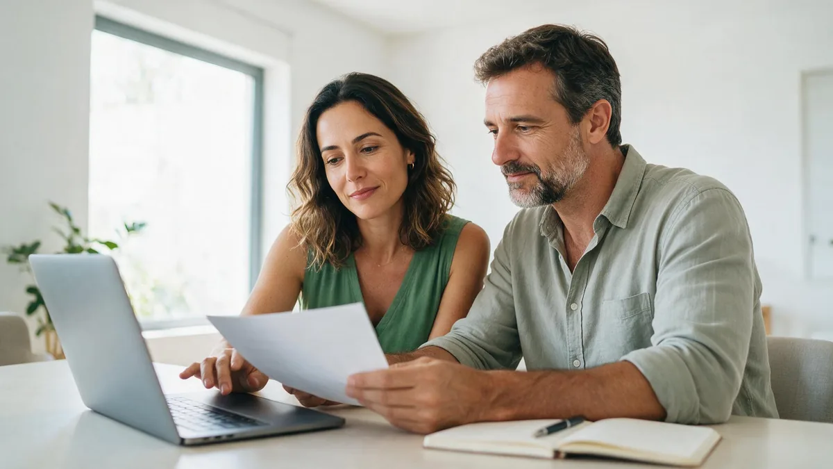 Casal analisa junto o extrato e o notebook para decidir se compensa vender consórcio cancelado