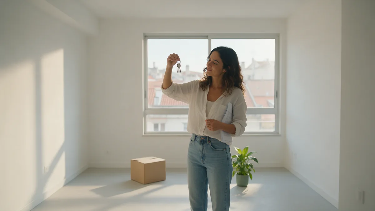 Mulher segurando as chaves em um apartamento vazio recém-entregue, após assumir um consórcio contemplado de imóveis